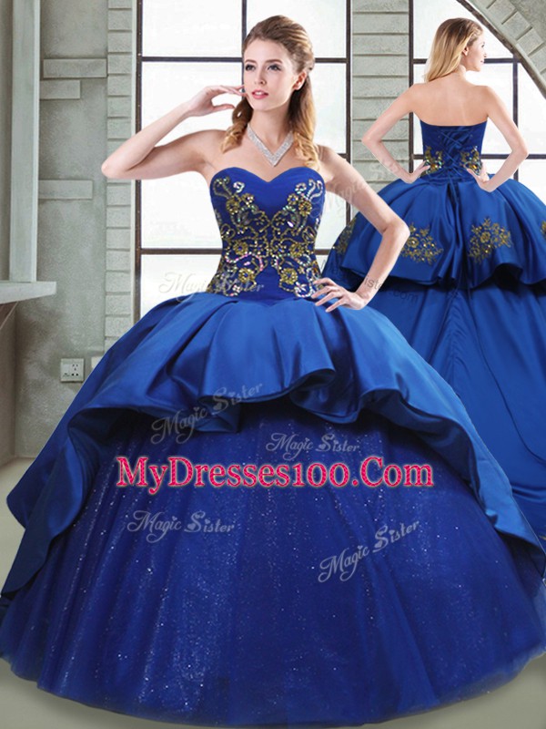 Blue Lace Up Ball Gown Prom Dress Beading and Appliques and Embroidery Sleeveless Court Train