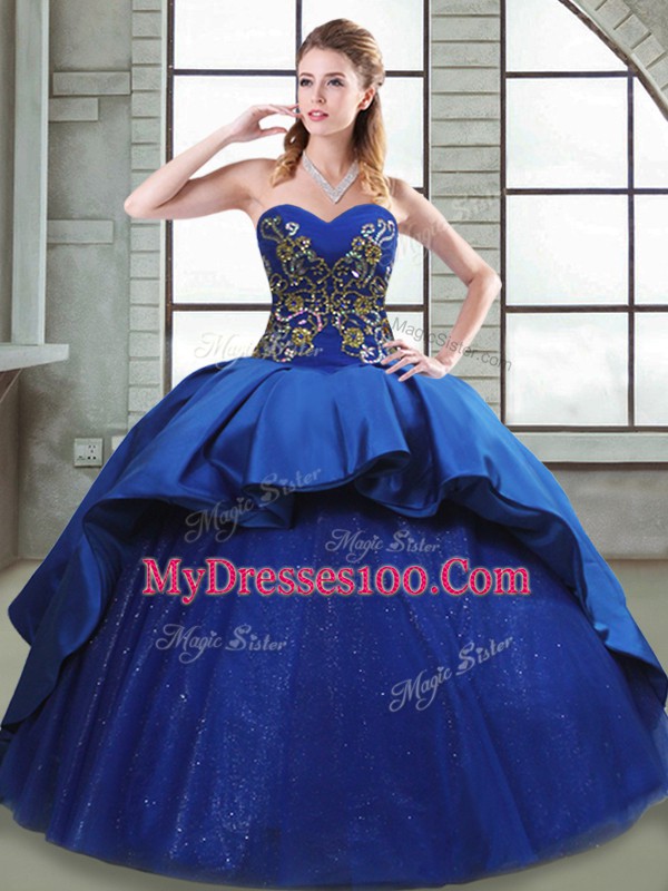 Blue Lace Up Ball Gown Prom Dress Beading and Appliques and Embroidery Sleeveless Court Train