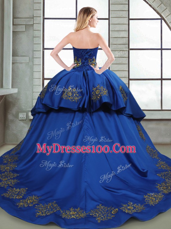 Blue Lace Up Ball Gown Prom Dress Beading and Appliques and Embroidery Sleeveless Court Train