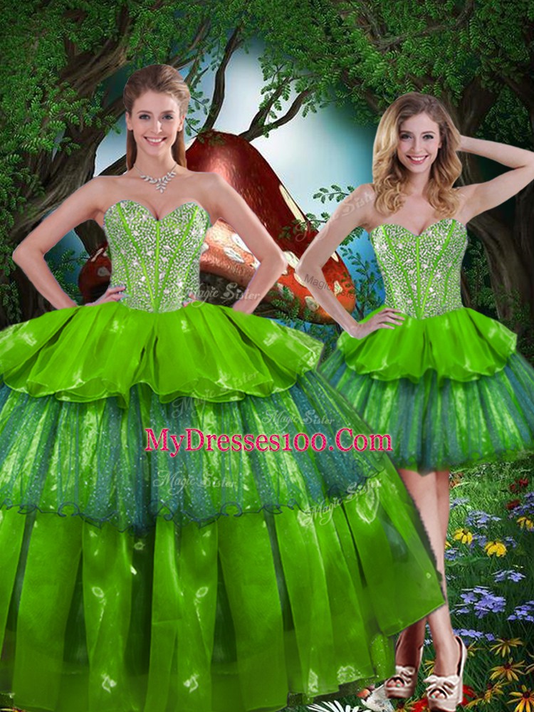 Latest Olive Green Sleeveless Floor Length Beading and Ruffled Layers Lace Up Quinceanera Gowns