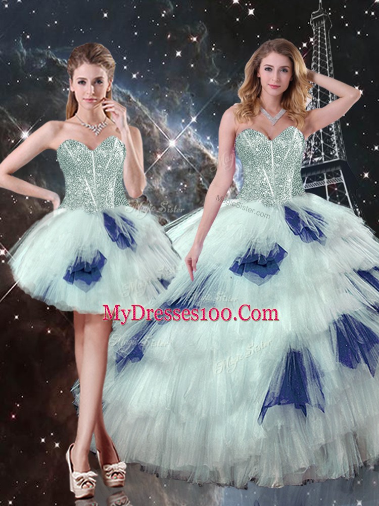 Captivating Three Pieces Sweet 16 Dress Blue And White Sweetheart Tulle Sleeveless Floor Length Lace Up