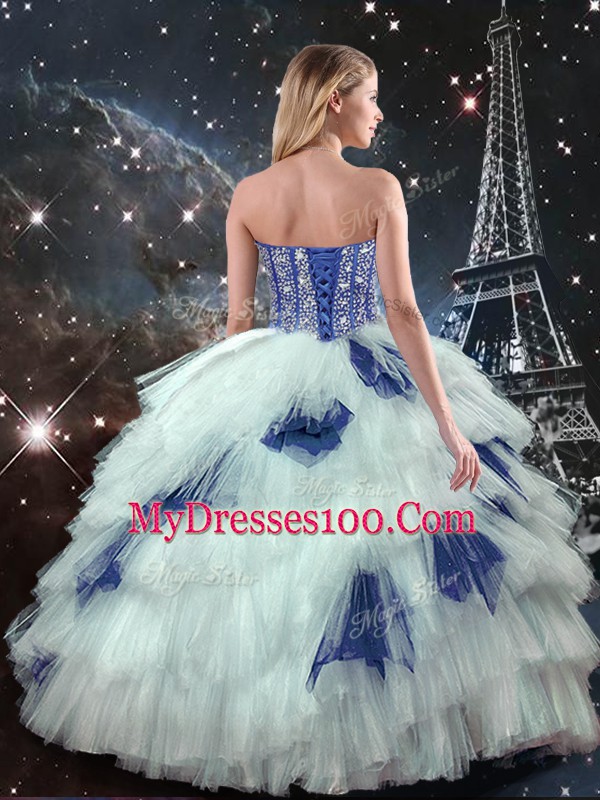 Captivating Three Pieces Sweet 16 Dress Blue And White Sweetheart Tulle Sleeveless Floor Length Lace Up
