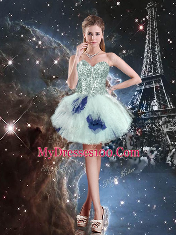 Captivating Three Pieces Sweet 16 Dress Blue And White Sweetheart Tulle Sleeveless Floor Length Lace Up