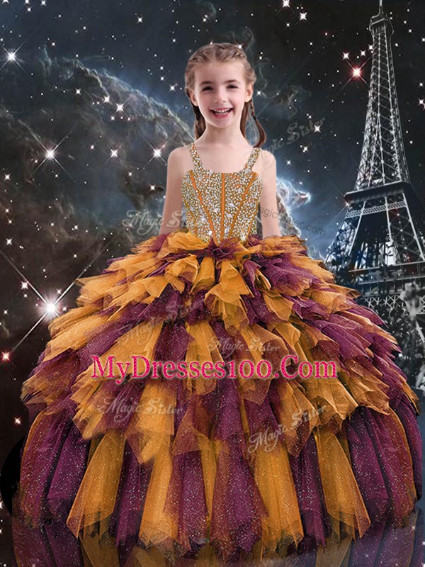 Orange Lace Up Girls Pageant Dresses Beading and Ruffles Sleeveless Floor Length