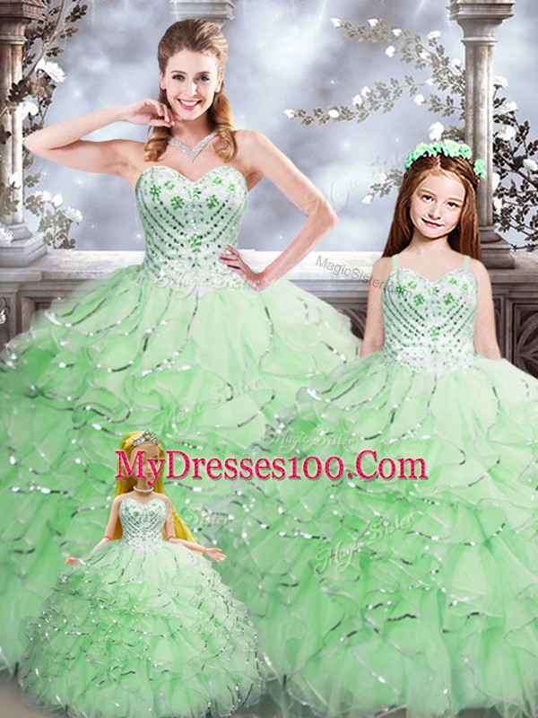 Romantic Apple Green Ball Gowns Beading and Ruffles Quinceanera Dresses Lace Up Organza Sleeveless Floor Length
