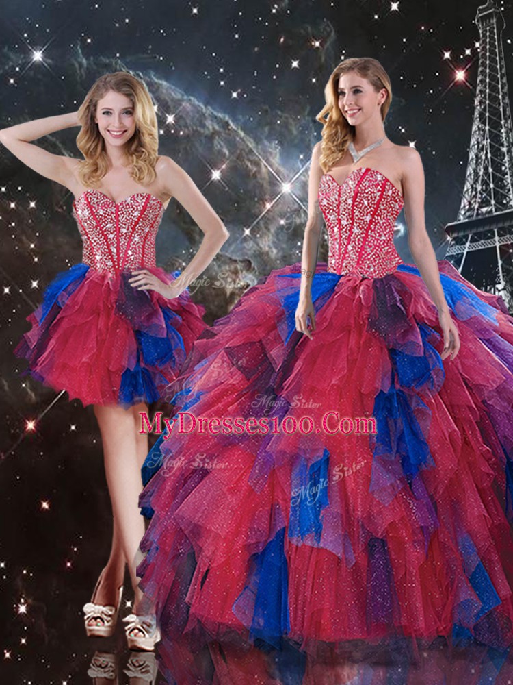 Multi-color Three Pieces Tulle Sweetheart Sleeveless Beading and Ruffles Floor Length Lace Up Quinceanera Dresses