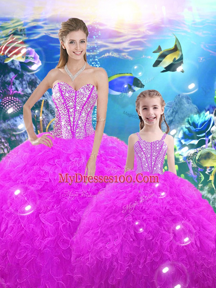 Sweetheart Sleeveless Lace Up Vestidos de Quinceanera Fuchsia Organza