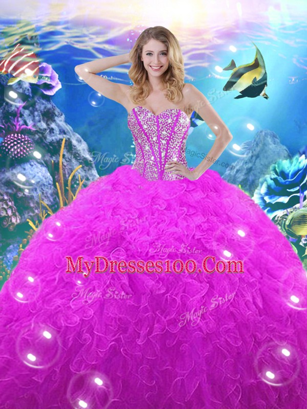 Sweetheart Sleeveless Lace Up Vestidos de Quinceanera Fuchsia Organza