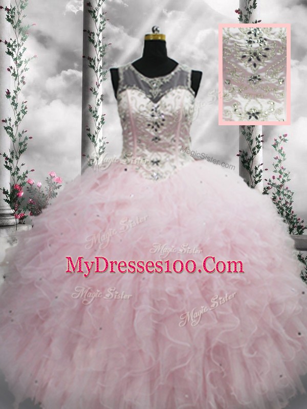 Most Popular Scoop Sleeveless Tulle Quinceanera Gown Beading and Ruffles Lace Up