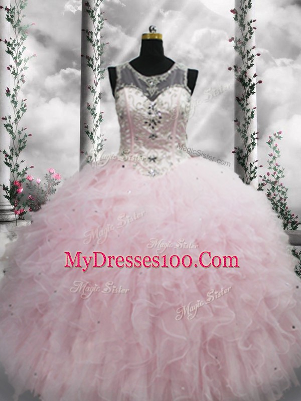 Most Popular Scoop Sleeveless Tulle Quinceanera Gown Beading and Ruffles Lace Up