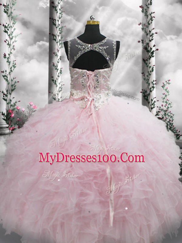 Most Popular Scoop Sleeveless Tulle Quinceanera Gown Beading and Ruffles Lace Up