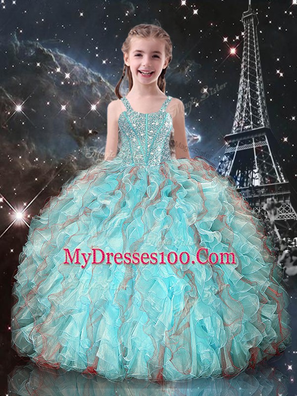 Floor Length Aqua Blue Girls Pageant Dresses Organza Sleeveless Beading and Ruffles