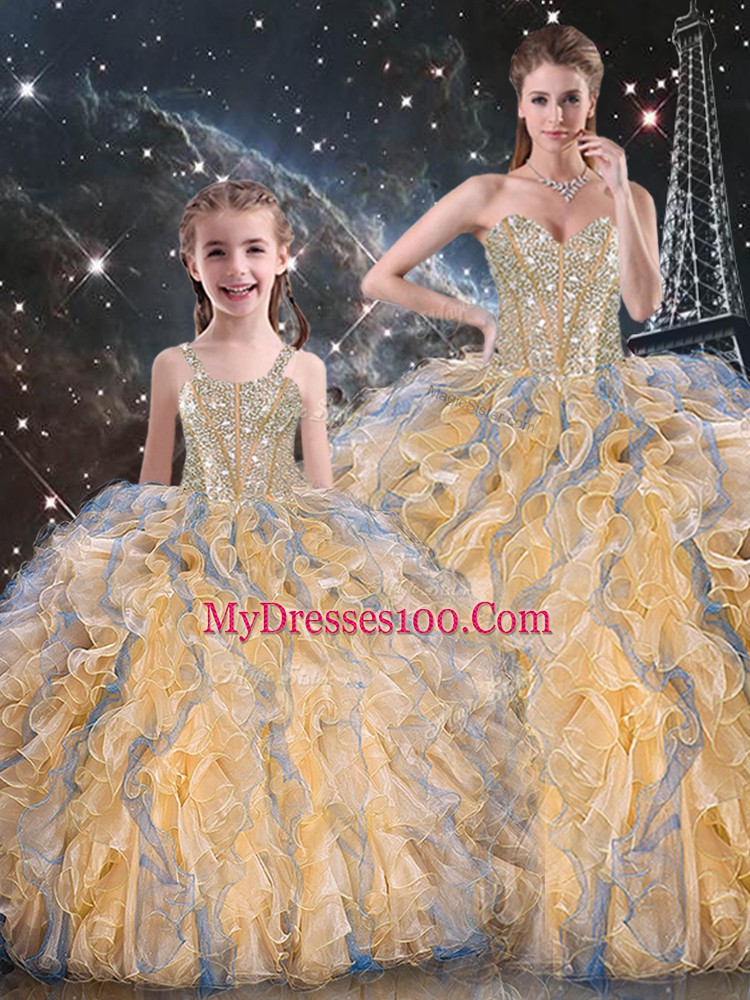 Hot Sale Gold Ball Gowns Organza Sweetheart Sleeveless Beading and Ruffles Floor Length Lace Up Vestidos de Quinceanera