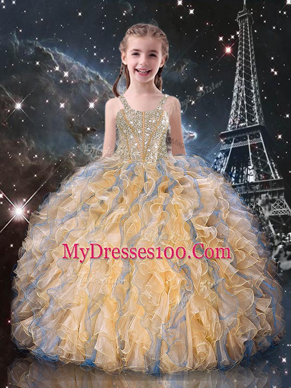 Hot Sale Gold Ball Gowns Organza Sweetheart Sleeveless Beading and Ruffles Floor Length Lace Up Vestidos de Quinceanera