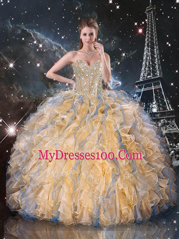 Hot Sale Gold Ball Gowns Organza Sweetheart Sleeveless Beading and Ruffles Floor Length Lace Up Vestidos de Quinceanera