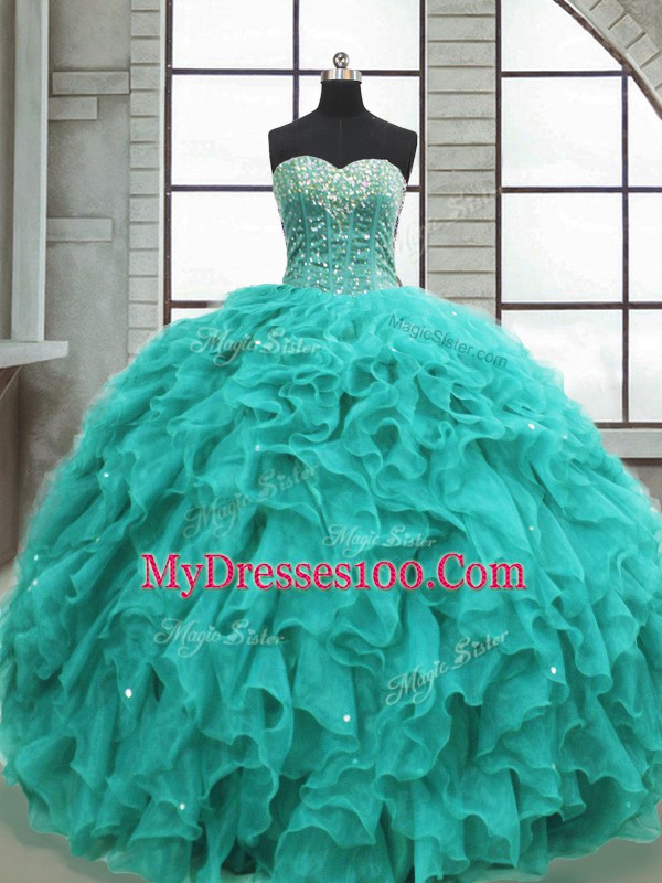Ball Gowns 15th Birthday Dress Turquoise Sweetheart Organza Sleeveless Floor Length Lace Up
