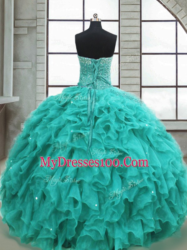 Ball Gowns 15th Birthday Dress Turquoise Sweetheart Organza Sleeveless Floor Length Lace Up