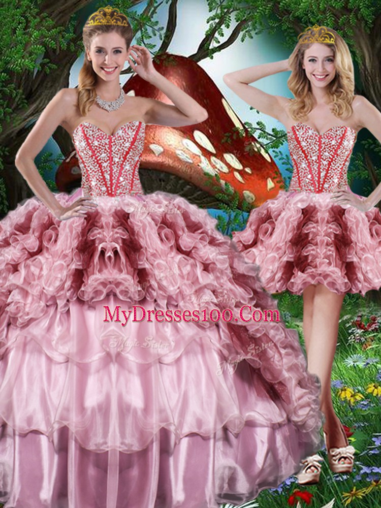 Ideal Sweetheart Sleeveless Sweet 16 Quinceanera Dress Floor Length Beading and Ruffles and Ruffled Layers Multi-color Organza