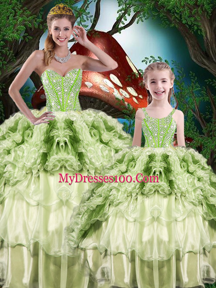 Sleeveless Floor Length Beading and Ruffles and Ruffled Layers Lace Up Sweet 16 Quinceanera Dress with Yellow Green