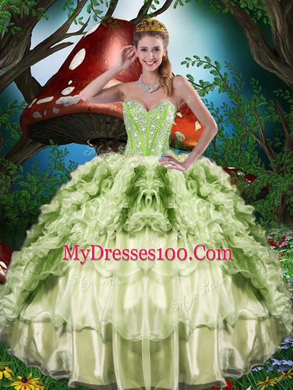 Sleeveless Floor Length Beading and Ruffles and Ruffled Layers Lace Up Sweet 16 Quinceanera Dress with Yellow Green