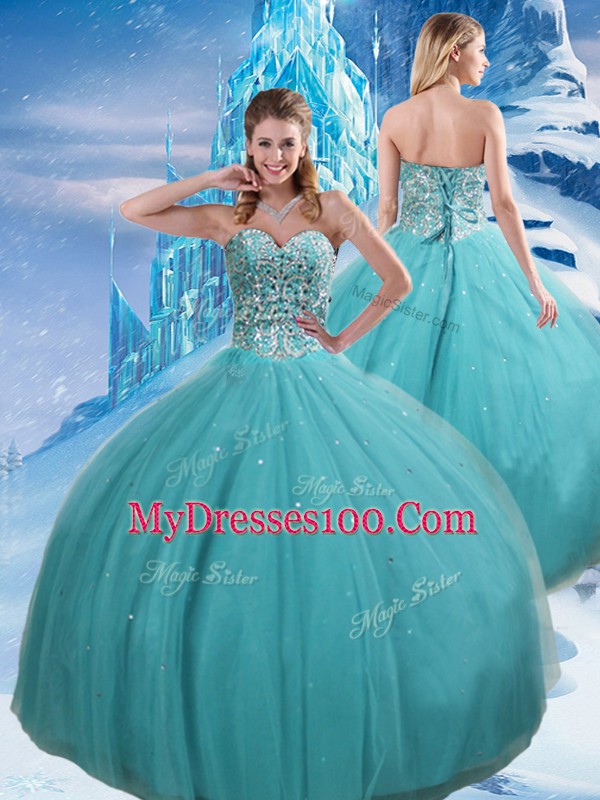 Stunning Aqua Blue Lace Up Sweet 16 Quinceanera Dress Beading and Sequins Sleeveless Floor Length