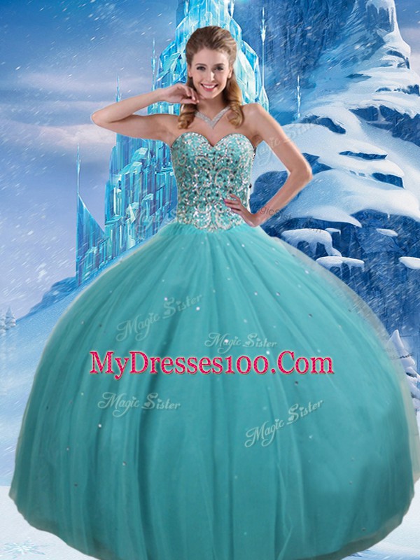 Stunning Aqua Blue Lace Up Sweet 16 Quinceanera Dress Beading and Sequins Sleeveless Floor Length