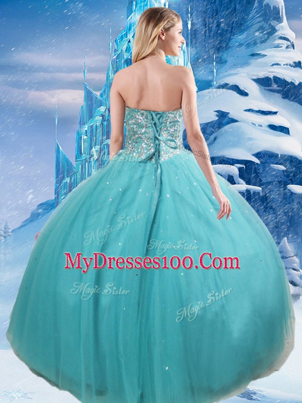 Stunning Aqua Blue Lace Up Sweet 16 Quinceanera Dress Beading and Sequins Sleeveless Floor Length