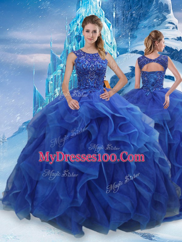 Custom Made Sleeveless Floor Length Beading and Ruffles Lace Up Quince Ball Gowns with Blue