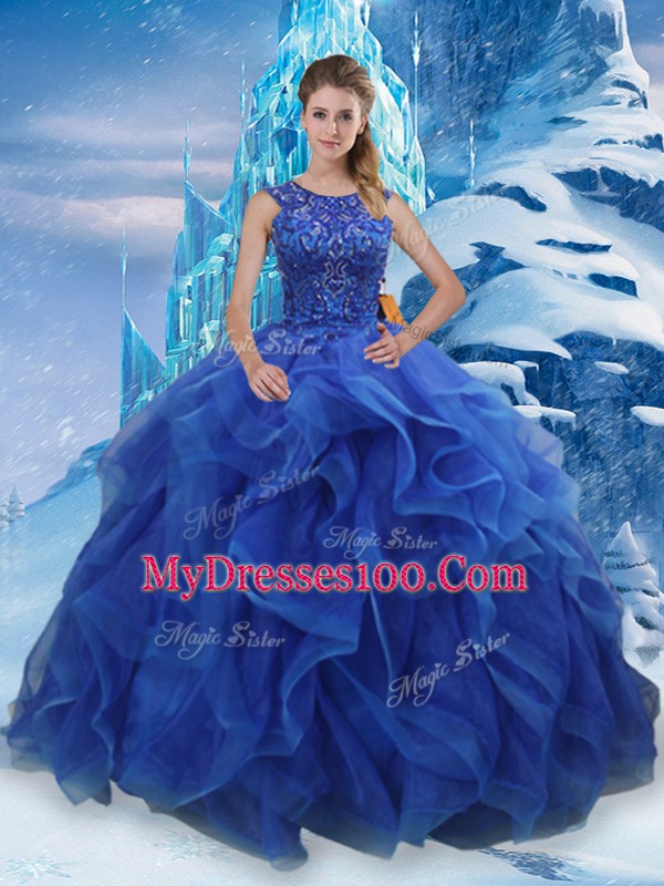 Custom Made Sleeveless Floor Length Beading and Ruffles Lace Up Quince Ball Gowns with Blue