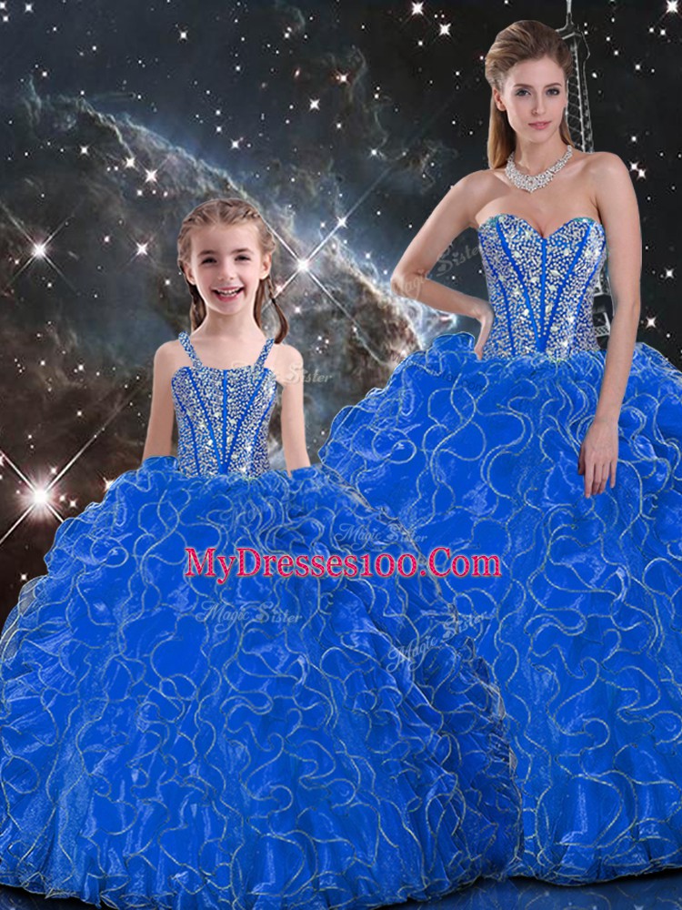 Eye-catching Blue Ball Gowns Beading and Ruffles Quinceanera Gown Lace Up Organza Sleeveless Floor Length