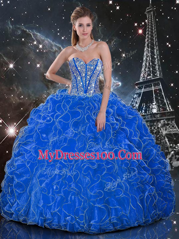 Eye-catching Blue Ball Gowns Beading and Ruffles Quinceanera Gown Lace Up Organza Sleeveless Floor Length
