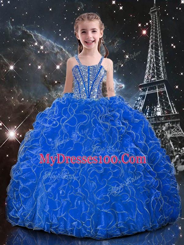Eye-catching Blue Ball Gowns Beading and Ruffles Quinceanera Gown Lace Up Organza Sleeveless Floor Length