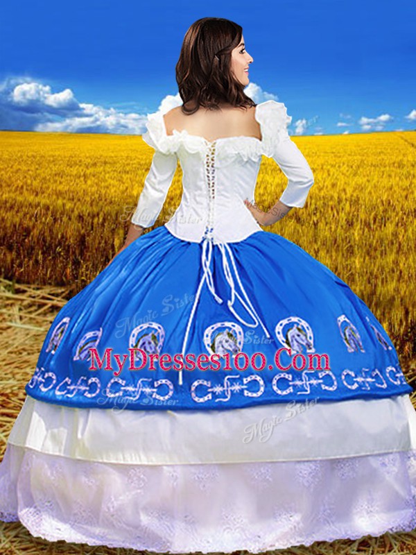 Designer Off The Shoulder 3 4 Length Sleeve Lace Up Sweet 16 Dress Blue Taffeta