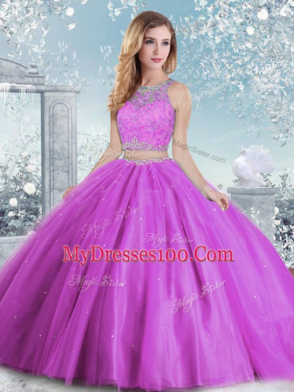 Ball Gowns 15 Quinceanera Dress Lilac Scoop Tulle Sleeveless Floor Length Clasp Handle