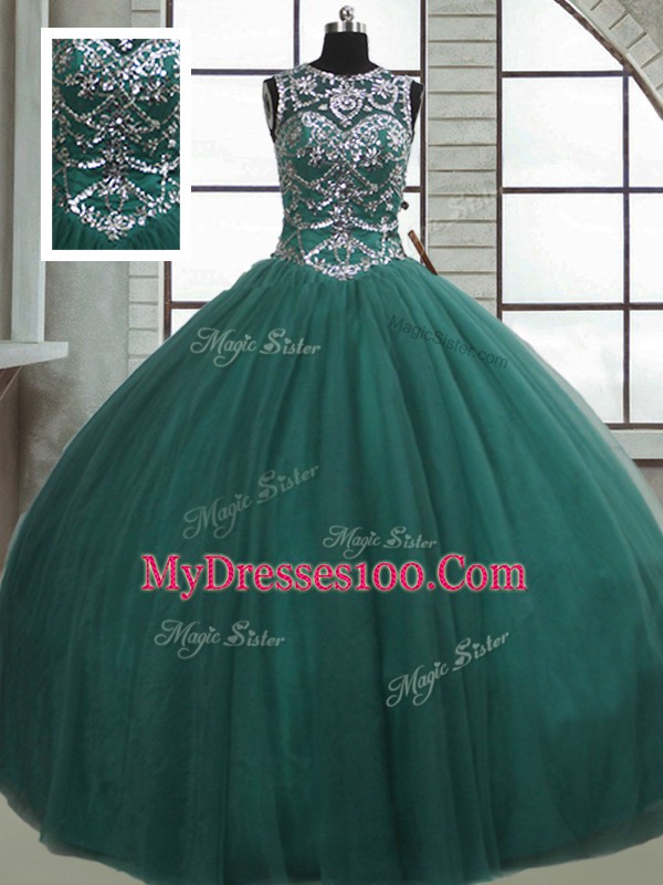 Scoop Sleeveless Lace Up 15th Birthday Dress Dark Green Tulle