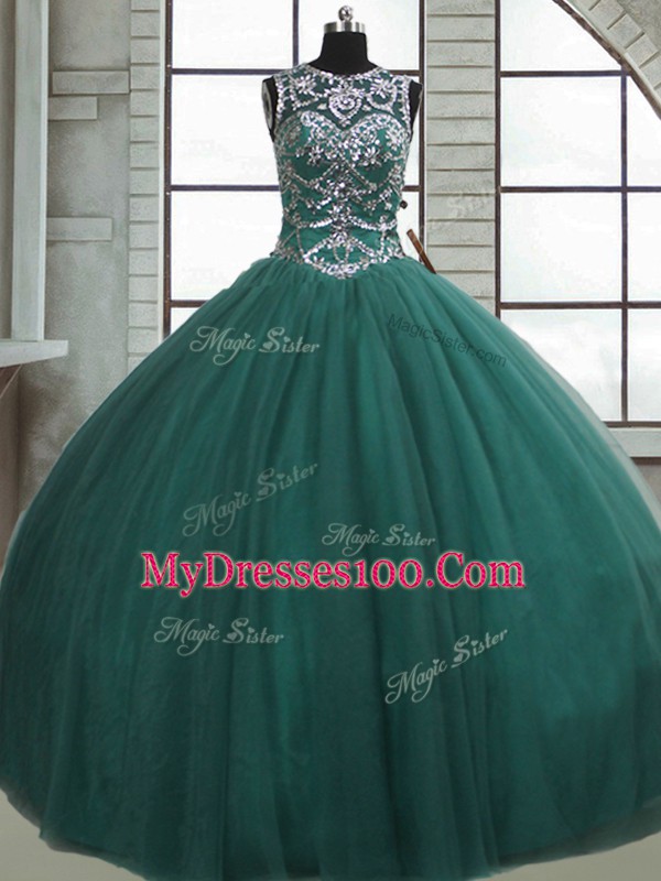 Scoop Sleeveless Lace Up 15th Birthday Dress Dark Green Tulle