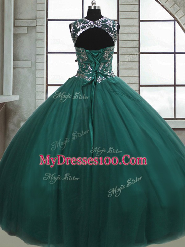 Scoop Sleeveless Lace Up 15th Birthday Dress Dark Green Tulle