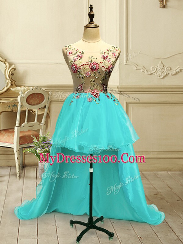 Glittering Aqua Blue Sleeveless Embroidery High Low Homecoming Dress