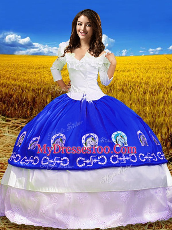 Flare Royal Blue Ball Gowns Off The Shoulder 3 4 Length Sleeve Taffeta Floor Length Lace Up Embroidery 15th Birthday Dress