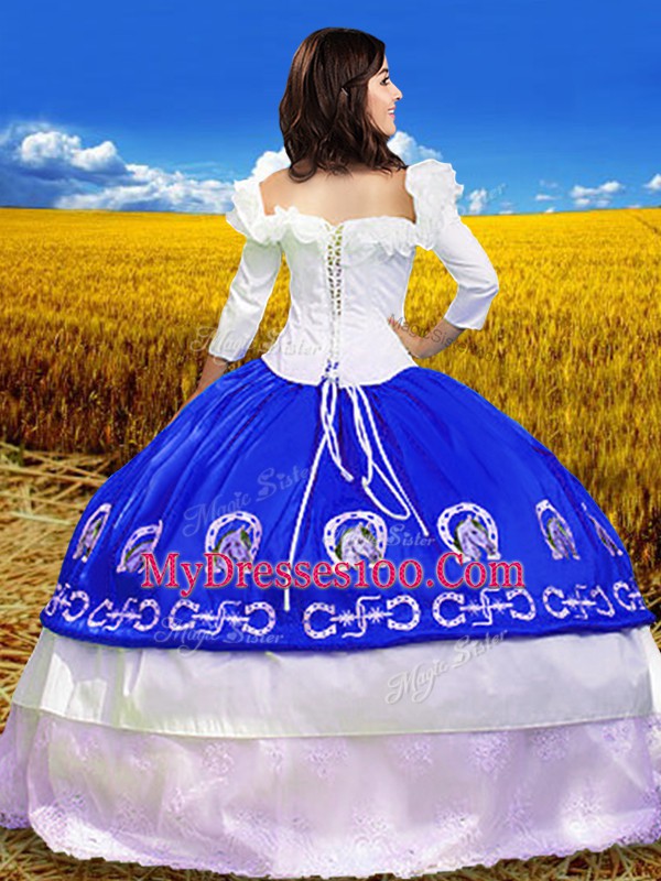 Flare Royal Blue Ball Gowns Off The Shoulder 3 4 Length Sleeve Taffeta Floor Length Lace Up Embroidery 15th Birthday Dress