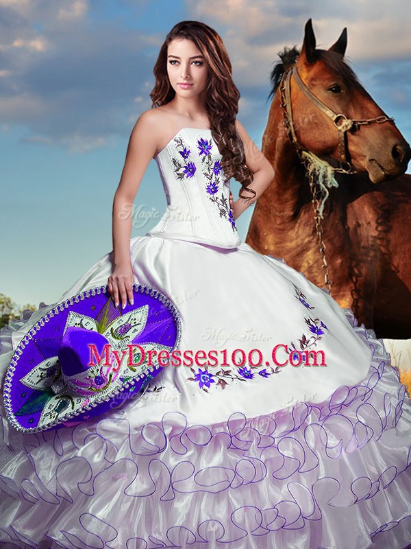 Fantastic White Taffeta Lace Up Strapless Sleeveless Floor Length Sweet 16 Dresses Embroidery and Ruffled Layers