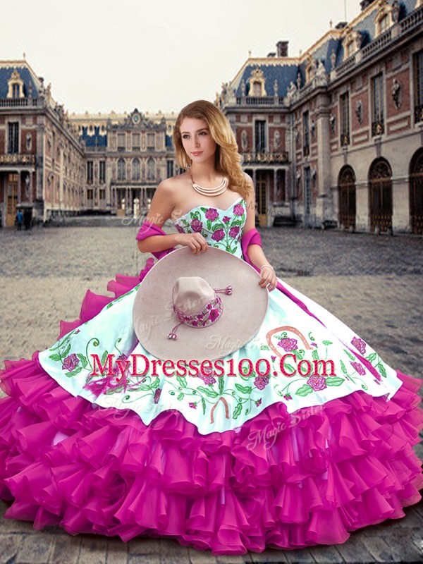 Hot Selling Sleeveless Lace Up Floor Length Embroidery and Ruffled Layers 15th Birthday Dress