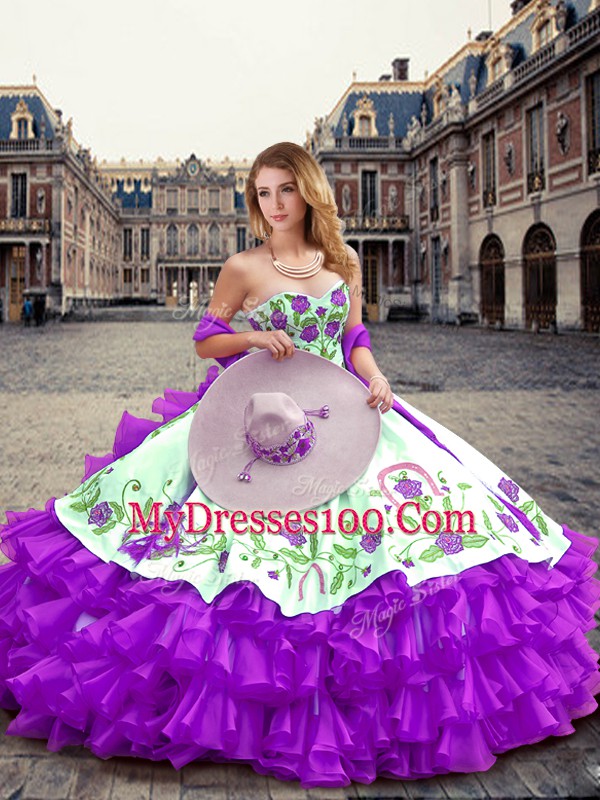 Sumptuous Sweetheart Sleeveless Lace Up Quinceanera Gown Eggplant Purple Organza