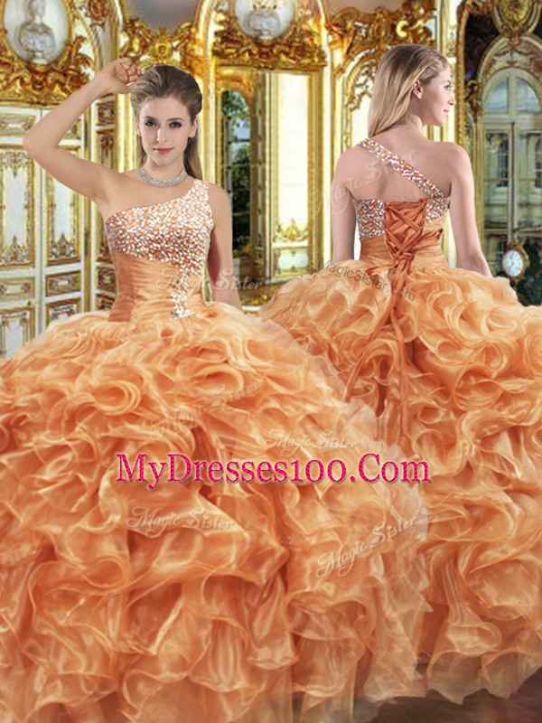 Elegant Orange One Shoulder Lace Up Beading and Ruffles Sweet 16 Dress Sleeveless