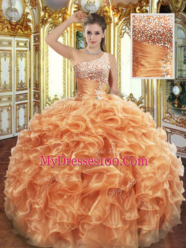 Elegant Orange One Shoulder Lace Up Beading and Ruffles Sweet 16 Dress Sleeveless