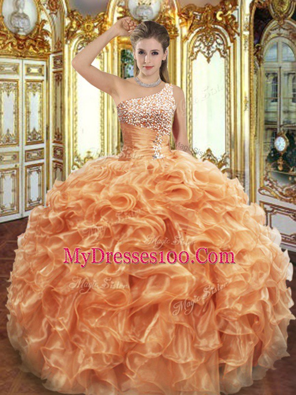 Elegant Orange One Shoulder Lace Up Beading and Ruffles Sweet 16 Dress Sleeveless
