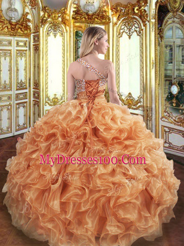 Elegant Orange One Shoulder Lace Up Beading and Ruffles Sweet 16 Dress Sleeveless