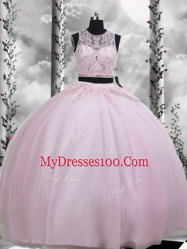 High Class Floor Length Baby Pink Quinceanera Dress Tulle Sleeveless Beading and Appliques