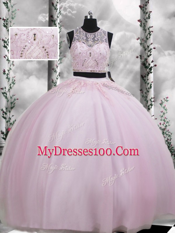 High Class Floor Length Baby Pink Quinceanera Dress Tulle Sleeveless Beading and Appliques