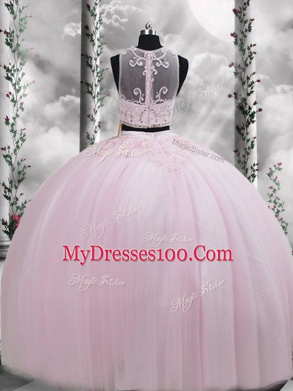 High Class Floor Length Baby Pink Quinceanera Dress Tulle Sleeveless Beading and Appliques